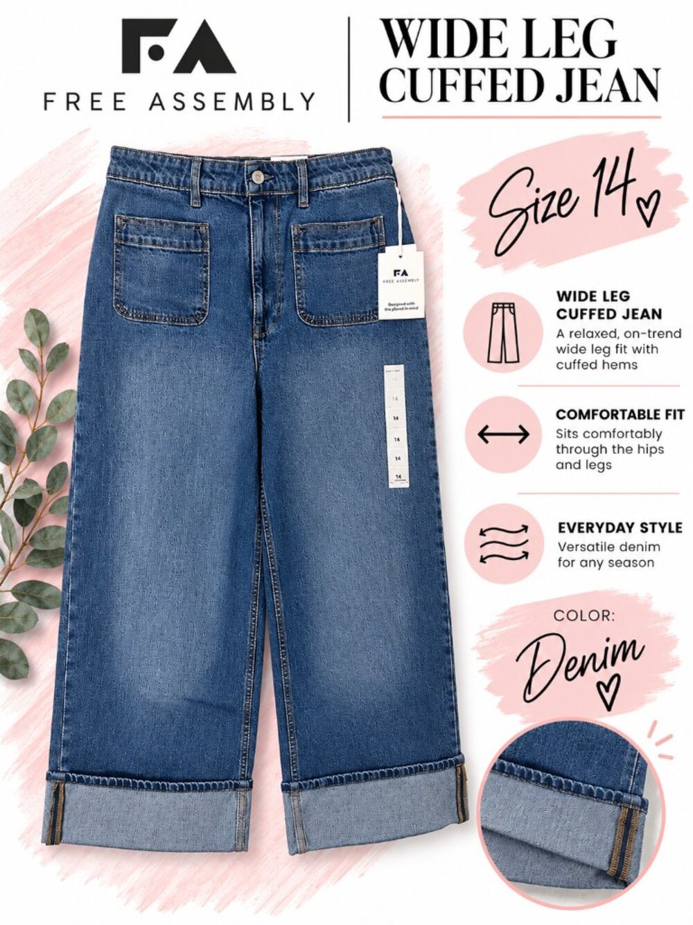 NWT Free Assembly Wide Leg Cuffed Jeans – Size 14